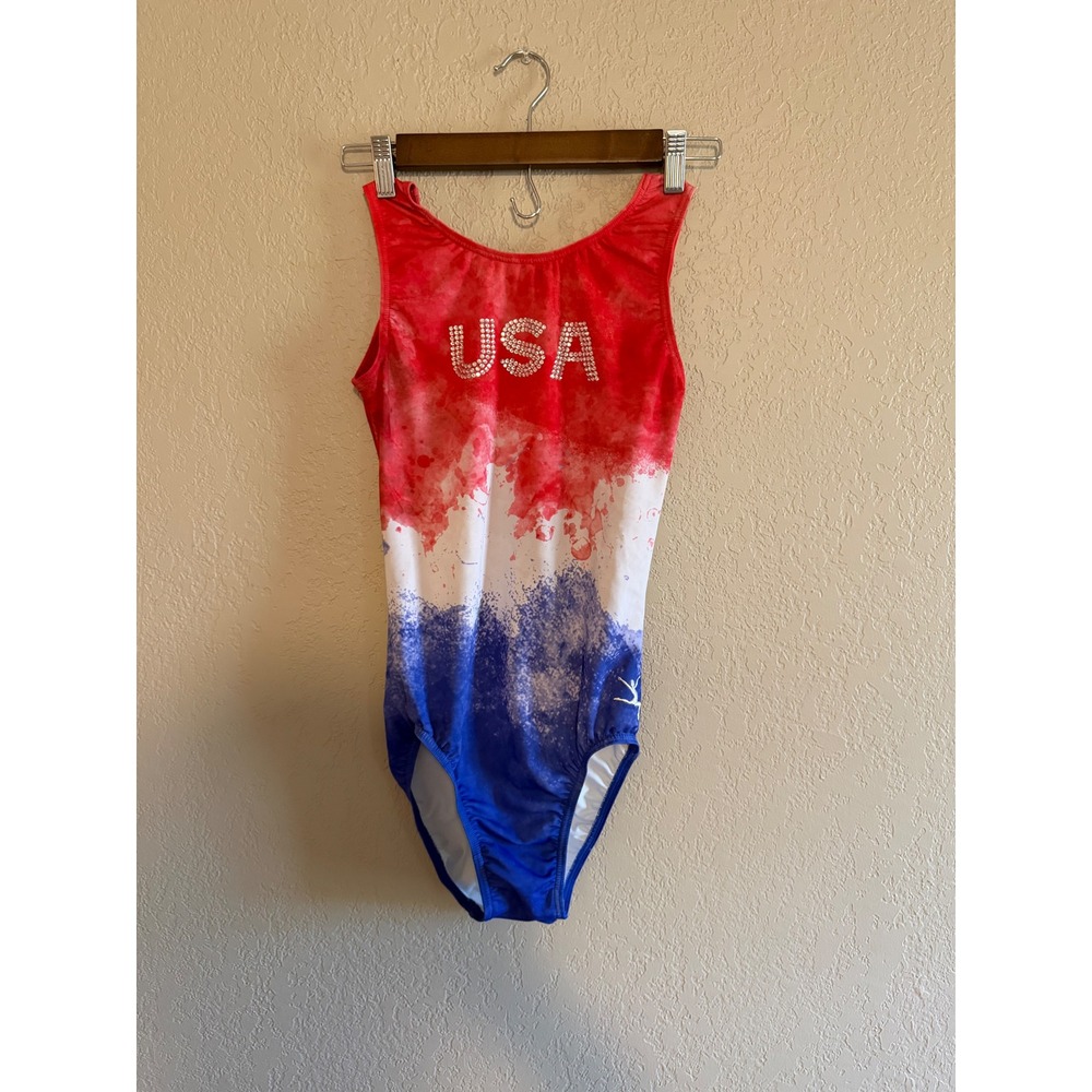 USA Rhinestone Gymnastics Leotard Red White Blue Watercolor Adult Medium 36